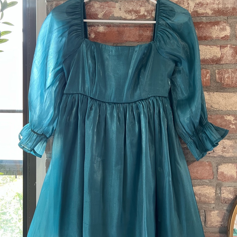 Blue Ruched Puff Sleeve Mini Dress